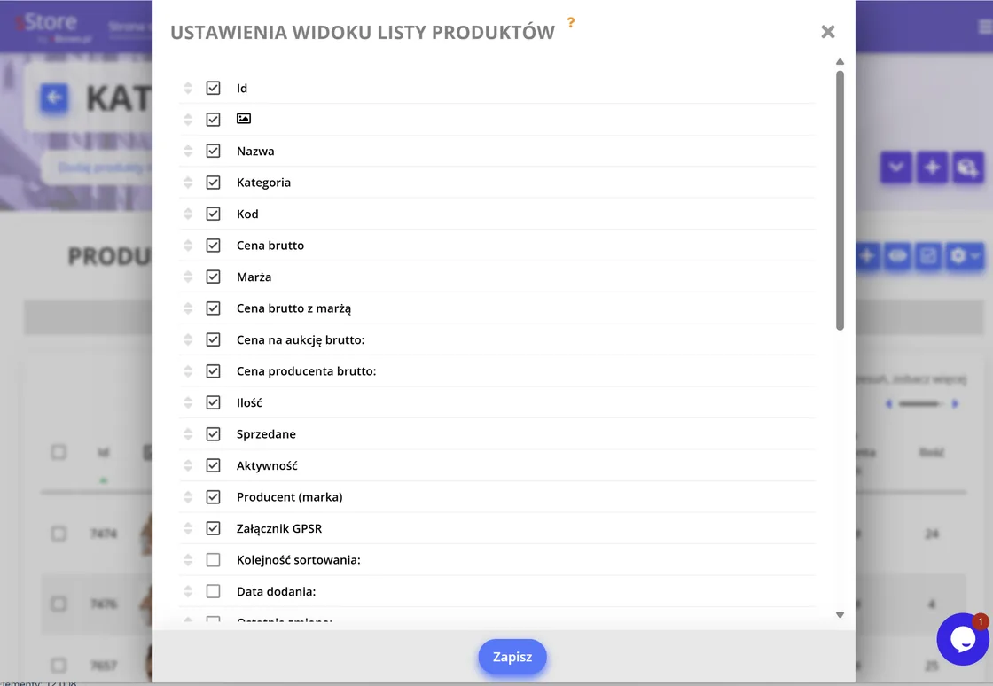 Ustawienia listy produktów i widocznych kolumn w sStore