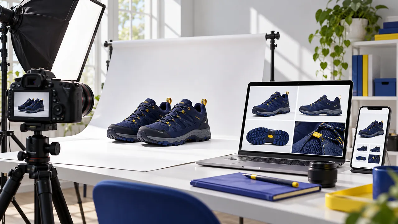 Stanowisko fotografowania obuwia z aparatem oraz prezentacją zdjęć produktu na laptopie i telefonie